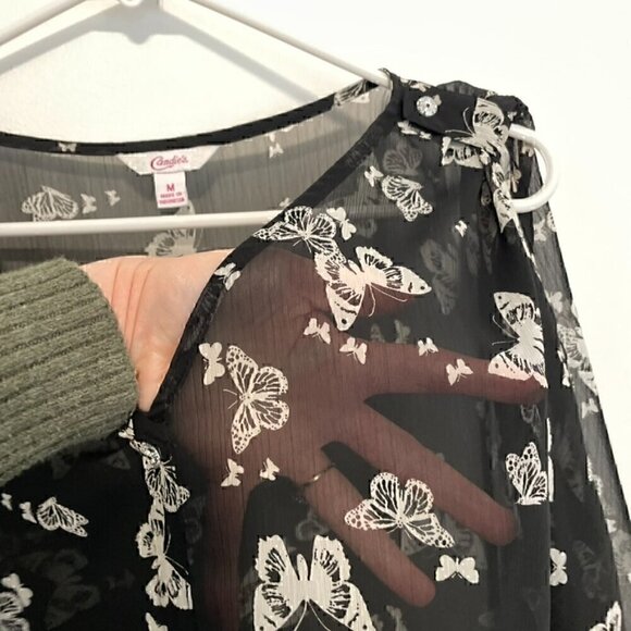 CANDIE'S Black White Butterfly Print Sheer Short Sleeve Cold Shoulder Y2K Blouse - Picture 6 of 10